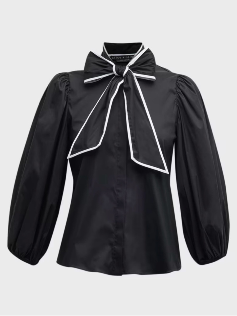 Alice + Olivia Lou Bowtie Button-Front Poplin Blouse Black Contrast Piping